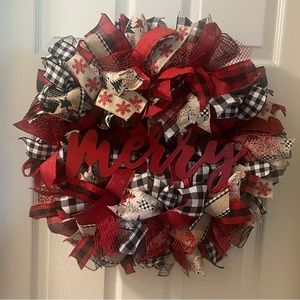 Christmas, Merry, winter ribbon and mesh wreath